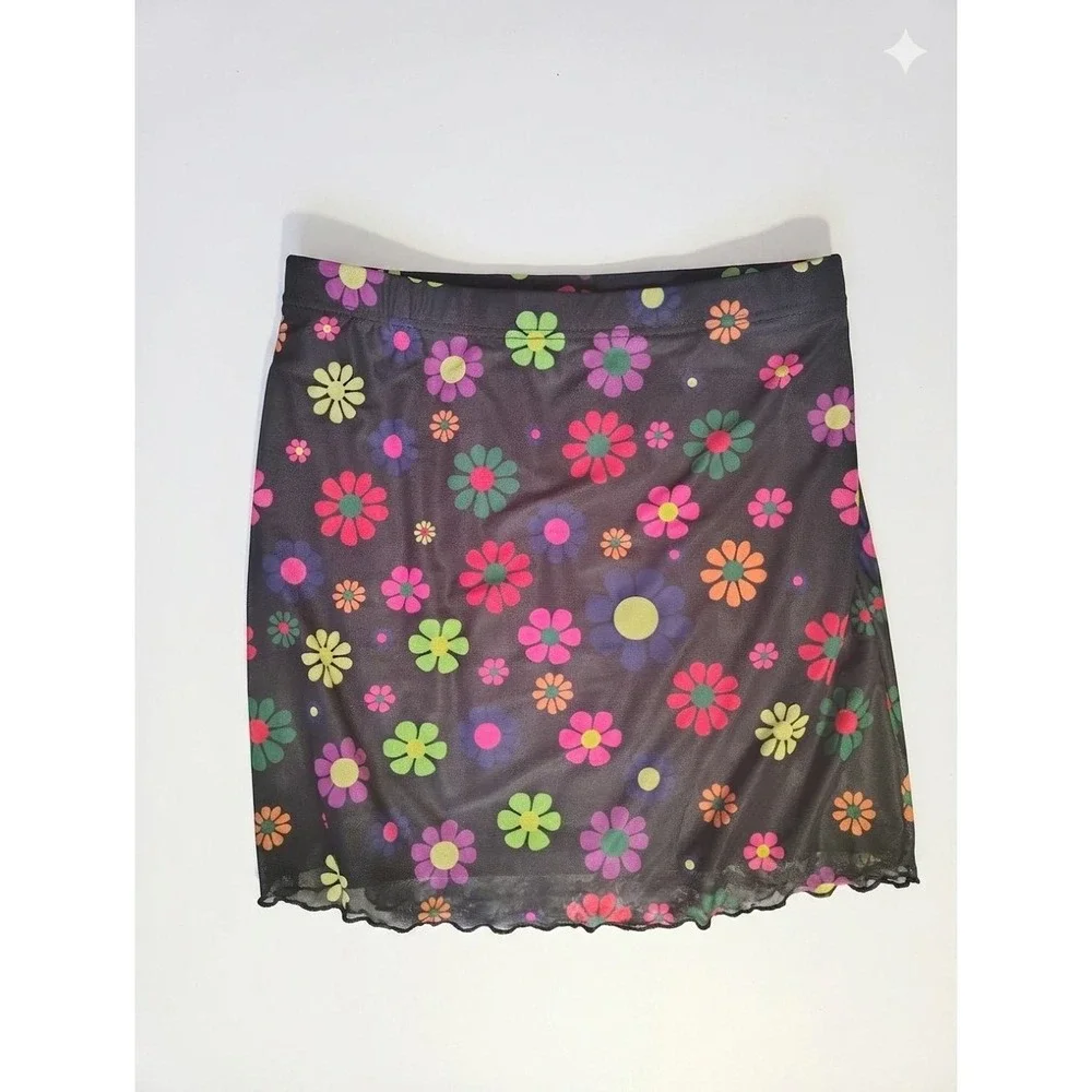 Shein Colorful‎ Floral Mesh Mini Skirt Black Multi Y2K Lettuce Hem Large